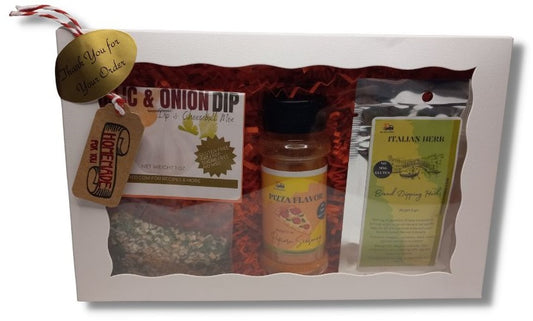 Gift Box Movie Night Sampler of (1) Bread Dipping Oil Herbs, (1) Dry Dip Mix Packet and (1) 3oz Popcorn Seasoning Bottle