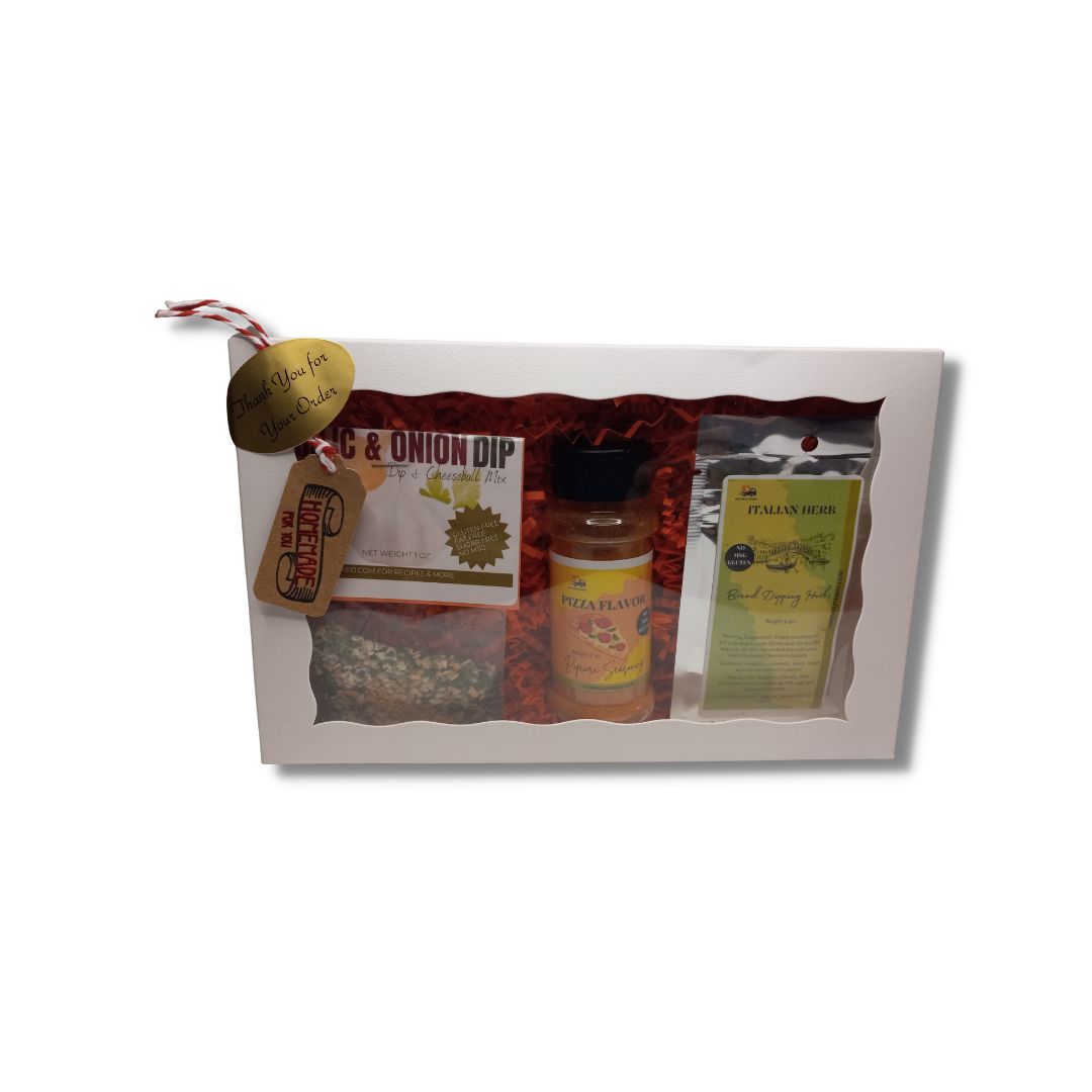 Gift Box Movie Night Sampler of (1) Bread Dipping Oil Herbs, (1) Dry Dip Mix Packet and (1) 3oz Popcorn Seasoning Bottle